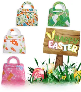 Detail showing colorful Easter bunny and carrot patterns on DIY non-woven gift bags