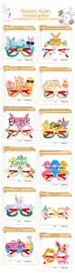 Detailed grid showing 12 Easter party glasses with colorful bunny and egg designs