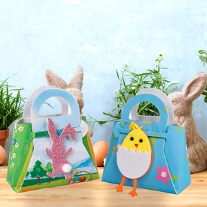 Detailed view of colorful Easter gift bags with bunny and chick felt decorations