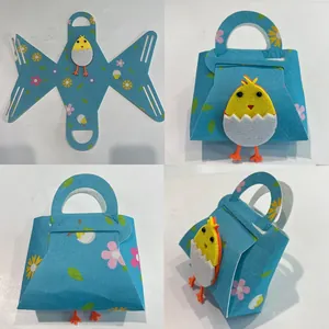 Flat lay and assembled view of DIY non-woven Easter gift bag with yellow chick design