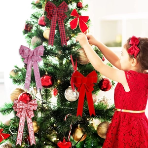Large Christmas Bow Tree Topper Buffalo Plaid Red Velvet Glitter Bows With Elk Snowflake Print For Xmas Party Decor