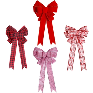 Large Christmas Tree Bows Ornaments Red Velvet Buffalo Plaid Design Decorative Bow Pendants For Holiday Home Party Decoration