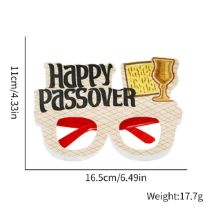 Detailed size chart of Passover party glasses featuring Happy Passover text and Matzah