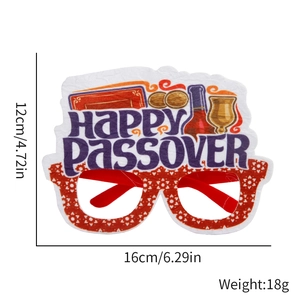 Detail view of Happy Passover paper glasses with dimensions showing festival theme and motifs