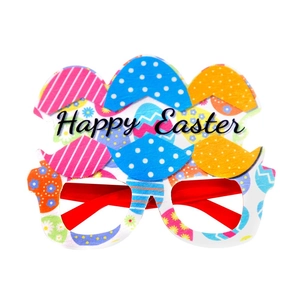 Floral Easter party glasses featuring colorful egg shells and Happy Easter text on top