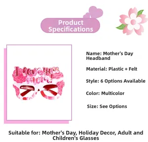 Detail view of pink Mother's Day glasses with floral decor and I Love You Mom text