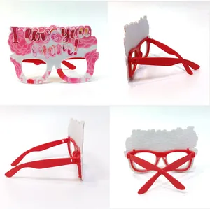 Multi-angle view of red Mother's Day party glasses with pink roses and I Love You Mom text
