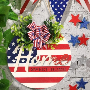 Independence Day Wood Sign American Flag 4th July Welcome Plaque Patriotic Door Hanger With Bow Greenery Home Wall Decor
