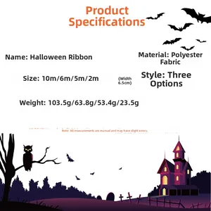 Detailed Halloween polyester ribbon specification chart featuring pumpkin and castle motifs