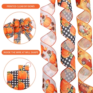 Detail of wired edge ribbons with pumpkin prints for DIY bows and Thanksgiving decor