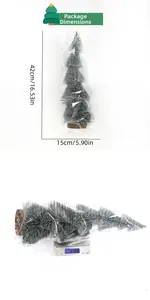 Mini frosted Christmas tree with wood base in package showing size and weight specs