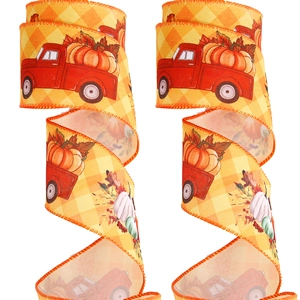 Autumn burlap ribbon with pumpkin harvest truck pattern for Thanksgiving decor