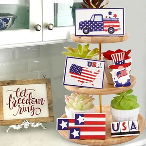 Independence Day tiered tray decor set with USA map, gnome, and blue truck wood signs