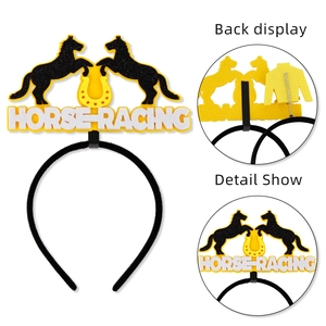 Horse racing party headband featuring black sequin horses and yellow horseshoes on black band