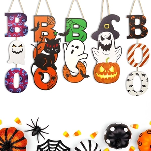 Halloween Wooden Hanging Sign Spooky Boo Ghost Pumpkin Skull Bat Witch Hat Party Wall Decor Door Hanger Wood Ornament