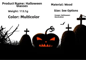 Detailed product specifications for Halloween wooden glasses with pumpkin and bat motifs