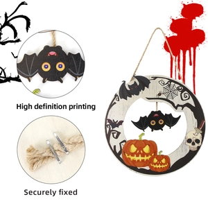 Detail of Halloween wooden door sign showing high definition printing and secure rope fixture