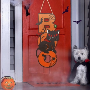 Detailed Halloween BOO wooden door sign featuring black cat and bat icons on a red door