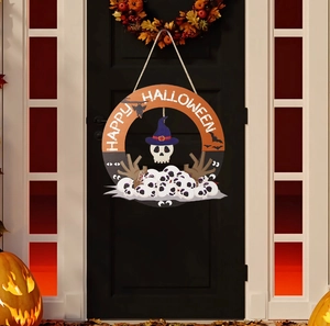 Halloween Happy Halloween wooden door sign with skull, bats, and festive wizard hat