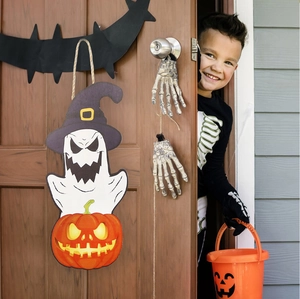 Ghost with purple wizard hat and pumpkin wood hanger on door for Halloween decor