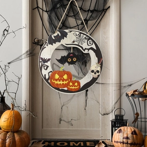 Halloween wooden round door sign with pumpkins and ghosts festive home hanging decoration