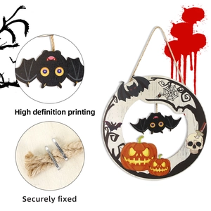 Halloween wooden round hanging sign with bat and glowing pumpkin for party decor