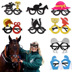 Set of 8 Kentucky Derby glitter horse racing party glasses with trophies and jockey designs