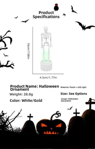 Detailed Halloween skeleton ornament specs with dimensions and green LED light feature