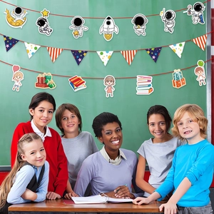 Cartoon back to school hanging banner set with astronaut and stationery themed flags