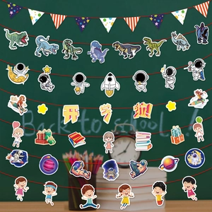 Cartoon back to school banners featuring dinosaurs and astronauts for classroom decoration