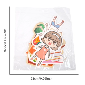 Detailed view of school theme cartoon stickers in packaging with 23x28cm measurements