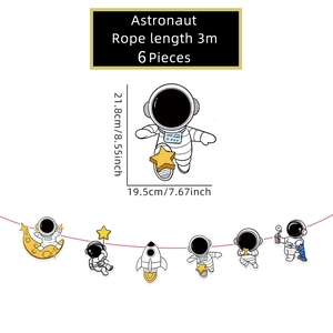 Detailed view of astronaut party banners showing 3m rope and 21.8x19.5cm dimensions