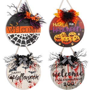 Halloween Wooden Welcome Door Plaque Spooky Bloody Handprint Spider Web Round Sign With LED Lights Horror Hanging Decor For Party Home Wall