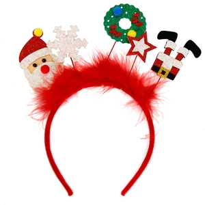 Detail of Christmas headband with red feathers, Santa icons and spring-mounted star charms