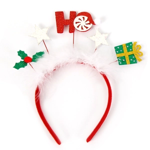 Detail of Christmas headband with fluffy white feathers and red HO glitter lettering