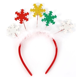 Detail of Christmas headband with colorful glitter snowflakes and soft white feathers
