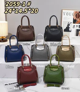 Detail view of seven color variants of the textured leather handbag with dimensions