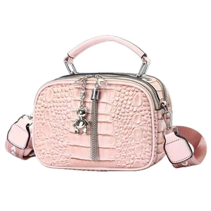 Pink crocodile pattern square handbag with metal bear charm and detachable strap