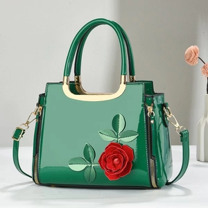 Glossy gradient patent leather handbag with 3D red flower and gold metal handles