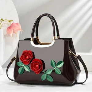 Patent Leather Rose Handbag For Women 3D Floral Top Handle Bag Glossy PU Crossbody Shoulder Bag For Daily Party Evening