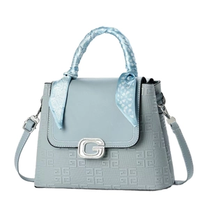 Blue-grey embossed handbag with a crystal G-buckle and elegant paisley scarf handle
