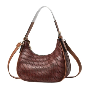 Brown checkered hobo bag with adjustable straps and gold-tone metal hardware