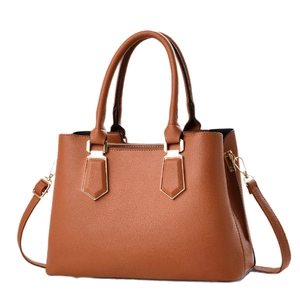 Brown leather handbag with litchi texture and detachable strap for versatile commute wear
