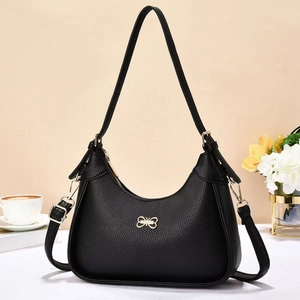Women Litchi Grain PU Leather Hobo Bag Golden Bow Buckle Adjustable Strap Retro Minimalist Trendy Shoulder Handbag
