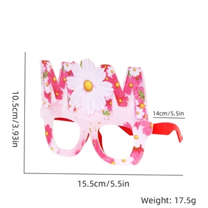 Detailed view of floral MOM glasses frame with dimensions for Mother's Day party props