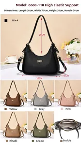 Internal view showing compartments and six color options for the leather underarm bag