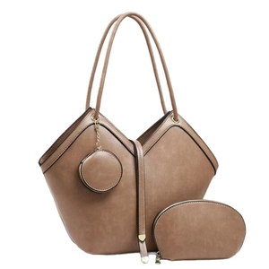 Three-piece vintage large capacity tote bag set in dark khaki faux leather with golden hardware