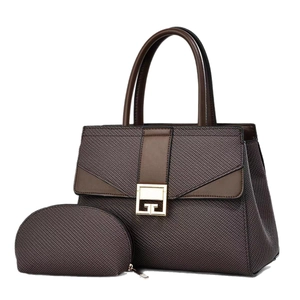 Two-piece set of woven coffee handbag and matching pouch with gold buckle decoration
