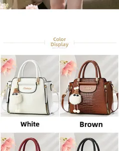 Dettaglio della borsa tote con motivo coccodrillo, logo e ciondolo in peluche bianco e marrone