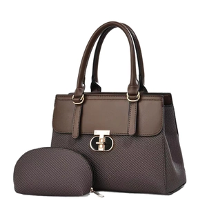 Brown two-piece set featuring large capacity tote bag with woven texture and small coin purse